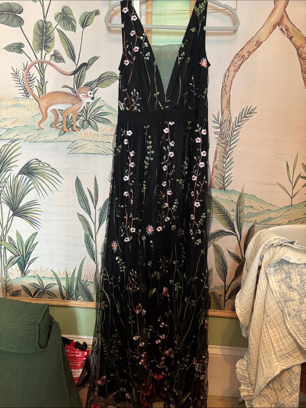 Embroidered Floral Maxi Dress in Black & Pink